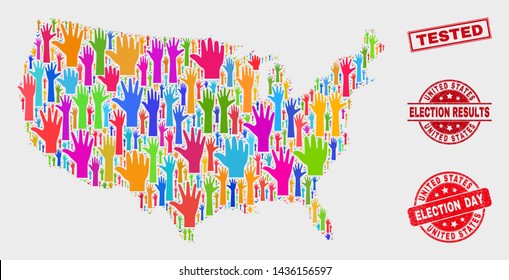 Ballot United States map and seal stamps. Red rectangle Tested distress seal. Colored United States map mosaic of upwards electoral arms. Vector composition for election day, and ballot results.