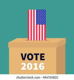 Ballot Voting box with American flag paper blank bulletin concept. Polling station. President election day Vote 2016. Isolated Green background Flat design Card Vector illustration