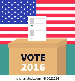 Ballot Voting box with paper blank bulletin concept. Polling station. President election day Vote 2016. American flag on the wall. Isolated Green background Flat design Card. Vector illustration