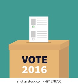 Ballot Voting box Paper blank bulletin with green mark concept. Polling station. President election day Vote 2016 white black text. Flat design Card. Vector illustration