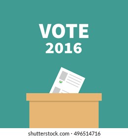 Ballot Voting box Paper blank bulletin with green mark concept. Polling station. President election day Vote 2016 white text. Flat design Card. Vector illustration