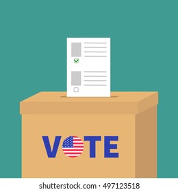 Ballot Voting box with paper blank bulletin Choice concept. Polling station. President election day Vote text round badge button. Green background Flat design Card. Vector illustration