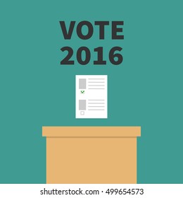 Ballot Voting box Paper blank bulletin with green mark concept. Polling station. President election day Vote 2016 black text. Flat design Card. Vector illustration