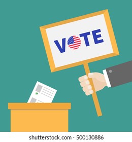 Ballot Voting box Paper blank bulletin. Businessman hand holding plate Vote text with Badge button American flag President election day. concept. Flat design. Vector