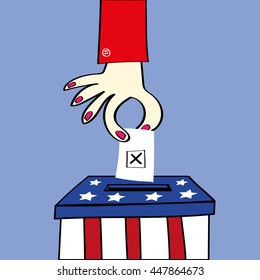 Ballot or voting box in the stars and stripes of the USA flag with a woman hand placing her ballot paper to vote in the election