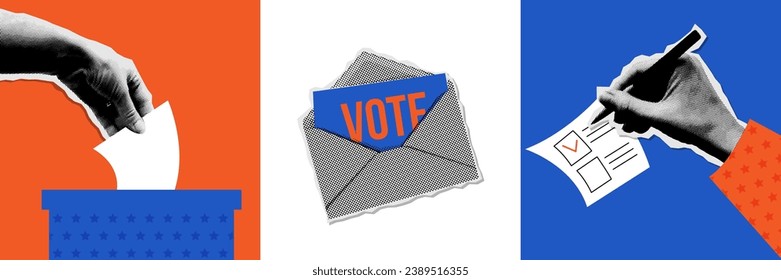 Ballot voting, box vote, mail polling square banners set. Halftone collage banners collection with hands. Vector poster concepts for web. Trendy vintage vector illustration.