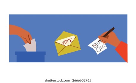 Votación de boleta, votación de caja, Anuncios cuadrados de votación por correo establecidos. Colección de Anuncios de collage de semitono con manos. Conceptos de póster de Vector para el Web. Ilustración vectorial vintage de moda..eps