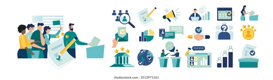 Ballot voting group people mega set, make decision and put paper ballot in box vote, mail polling square banners set. vector flat illustration fair elections Survey icon set. Containing feedback