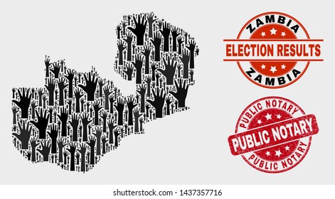 Ballot Zambia map and watermarks. Red rounded Public Notary grunge seal stamp. Black Zambia map mosaic of raised selection arms. Vector composition for ballot results, with Public Notary seal stamp.