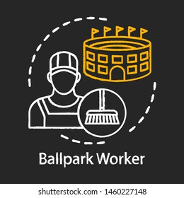 Ballpark worker chalk icon. Field stadium staff, personnel. Cleaner, janitor. Cleaning and maintaining building. Cleaning service employee. Isolated vector chalkboard illustration