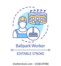 Ballpark worker concept icon. Field stadium staff, personnel idea thin line illustration. Cleaner, janitor. Cleaning and maintaining building. Vector isolated outline drawing. Editable stroke