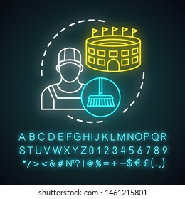 Ballpark worker neon light icon. Field stadium staff, personnel. Cleaner, janitor. Cleaning and maintaining building. Glowing sign with alphabet, numbers and symbols. Vector isolated illustration