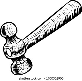 Ball-peen hammer in woodcut drawing style. Woodworking tool vector illustration. svg