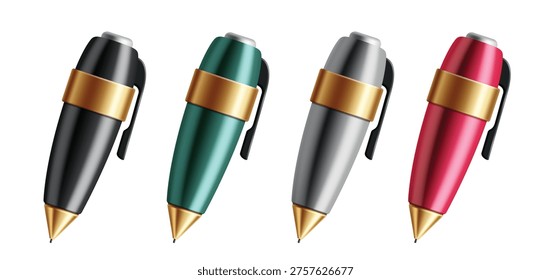 Ballpen 3d School elements clipart set. 3d Ballpen, Pen and Fountain Pen clip art in metallic, glossy and shiny cute collection school elements in white background vector illustration. 

