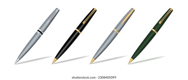 Ballpen set vector design. Ballpen 3d realistic elements in metallic ballpoint pen for offices, schools, business. Vector illustration writing pen collection.