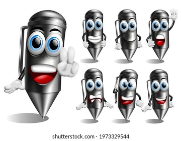 Ballpen vector character set.  Ball pen 3d characters with pose and gestures like peace hand sign, stop and standing for educational student kids friendly mascot design. Vector illustration