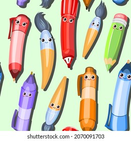 Ballpoint and gel pens. Seamless pattern. Background illustration in cartoon style with paint brushes. Cheerful characters with a face. Vector.