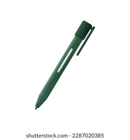 Ballpoint green pen. Classic tool for education and learning. Stationery for signing documents. Isolated element on a white background. Vector illustration 3d. cartoon style.