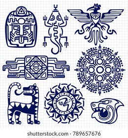 Ballpoint pen american aztec, mayan culture native totems on notebook background. American indian and mexican mascot. Vector illustration