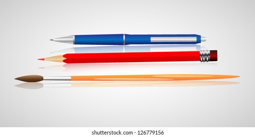 ballpoint, pen and brush vector isolated on white background	  (accessories for writing and drawing)