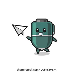 ballpoint pen cartoon character throwing paper airplane , cute design