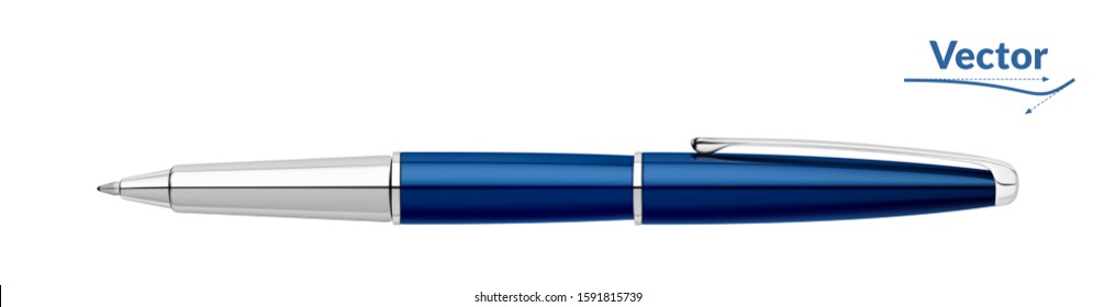 Ballpoint pen. Classic blue pen. Metal ballpoint pen. Realistic style. 3D style. Vector illustration. 