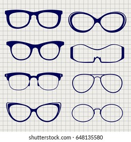 Ballpoint pen color eyeglasses collection on notebook page. Vector illustration