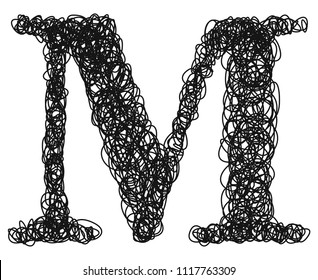 Ballpoint pen curls.Vector font.Letter M.