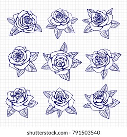 Ballpoint pen drawing roses set on notebook background. Vector illustration