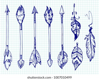 Ballpoint pen feathers and arrows set on notebook page. Arrow feather drawing, indian and aztec arrowhead illustration