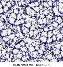 Ballpoint pen floral pattern vector design. Wild berries or buds with foliage seamless texture. Sketch of botanical illustration background