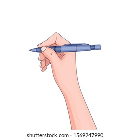 ballpoint pen in hand. sign contract, take notes, write, conspect, fill out.  office paper work. isolated vector illustration on white background