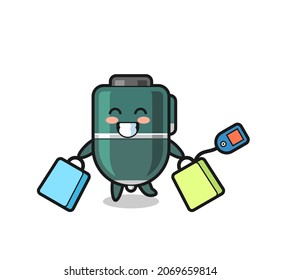 ballpoint pen mascot cartoon holding a shopping bag , cute design