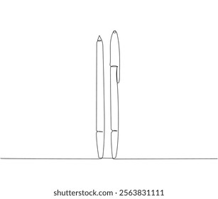 Ballpoint pen, mechanical pen one line art. Continuous line drawing of online learning, school supplies, stationery storage, exam, office supplies, education.