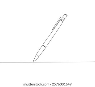 Ballpoint pen, mechanical pen one line art. Continuous line drawing of online learning, school supplies, stationery storage, exam, office supplies, education.