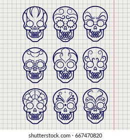 Ballpoint pen mexican skull set on notebook page, vector illustration