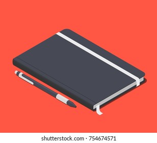 Ballpoint pen next to paper notebook. Isometric vector illustration