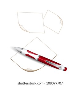 Ballpoint pen and note paper isolated on white background. EPS10 vector format