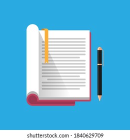 ballpoint pen and open book flat design illustration, top view. isolated stock vector. icon, sign, symbol, logo