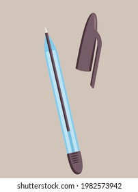 Ballpoint pen with open cap. School supply in cartoon style