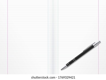 Ballpoint pen with an open lined notebook or exercise book background