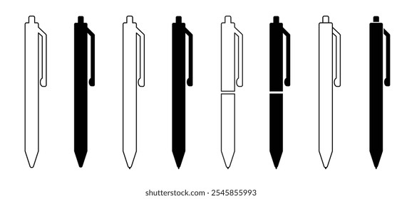 Ballpoint pen or pencil icon set. Pen ball and drawing line. Hand written signature. Pen ondertekent een contract met handtekening. Signing contract. For work, office or school tools.