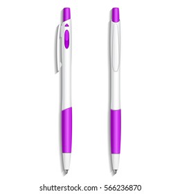 Ballpoint Pen, Pencil, Marker Set Of Corporate Identity And Branding Stationery Templates. Violet, Purple, Magenta. Illustration Isolated On White Background. Mock Up Template. Vector EPS10