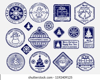 Ballpoint Pen Santa Mail Stamps Vector Set. Illustration Of Mail Stamp, Santa Postmark Illustration