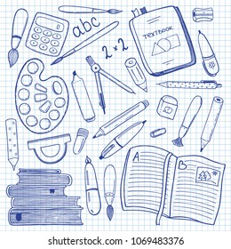 Ballpoint pen school stationary hand drawn elements on crossed paper background. chalkboard, pens, pencils, eraser, sharpener, compasses etc. Retro style sketch. For graduation, back to school design.