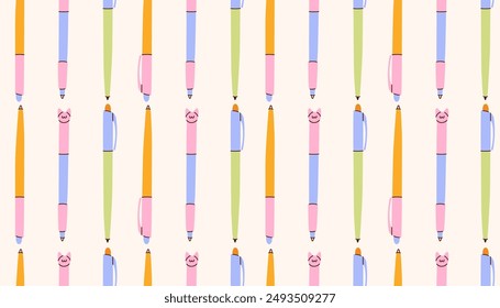 Ballpoint Pen seamless psttern. Variety of pens.School stationery tools vector wallpaper.Colorful tools for writing and drawing. Design print template trendy modern style. Hand drawn Vector EPS10