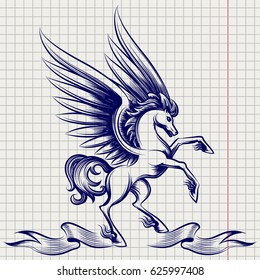Ballpoint pen sketch of Pegasus with wings and ribbon on notebook page. Vector illustration