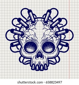 Ballpoint pen sketched monsters skull with dynamite on notebook page backdrop. Vector illustration