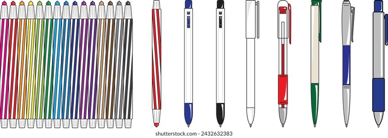 a ballpoint pen of various designs