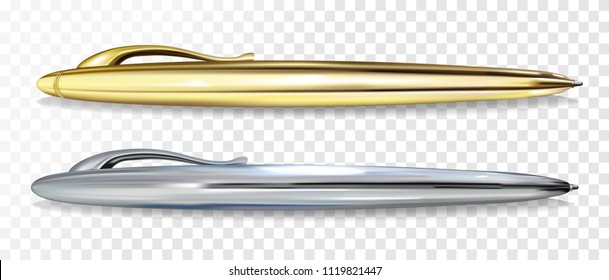 Ballpoint pen vector illustration of 3D realistic golden and silver mockup models with clipper for premium writing pens stationery and branding design template